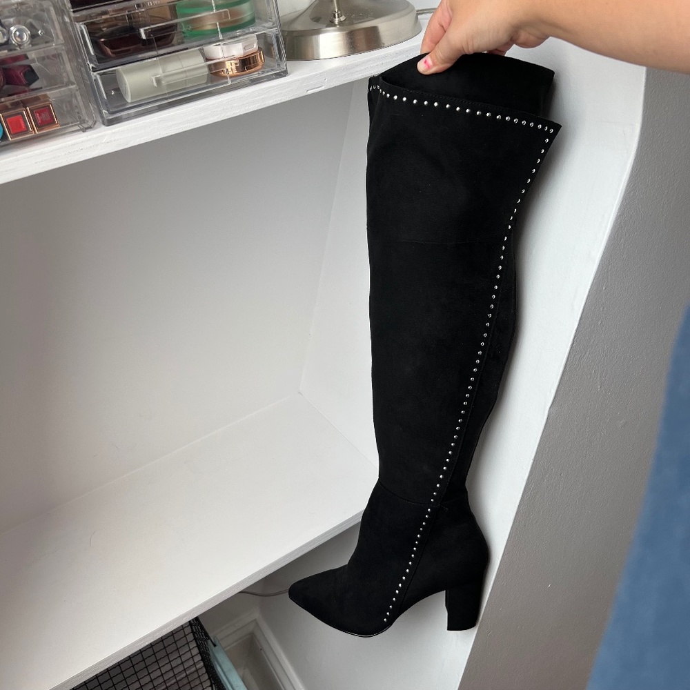 Black Faux Suede Studded Over-The-Knee Boot (WW)